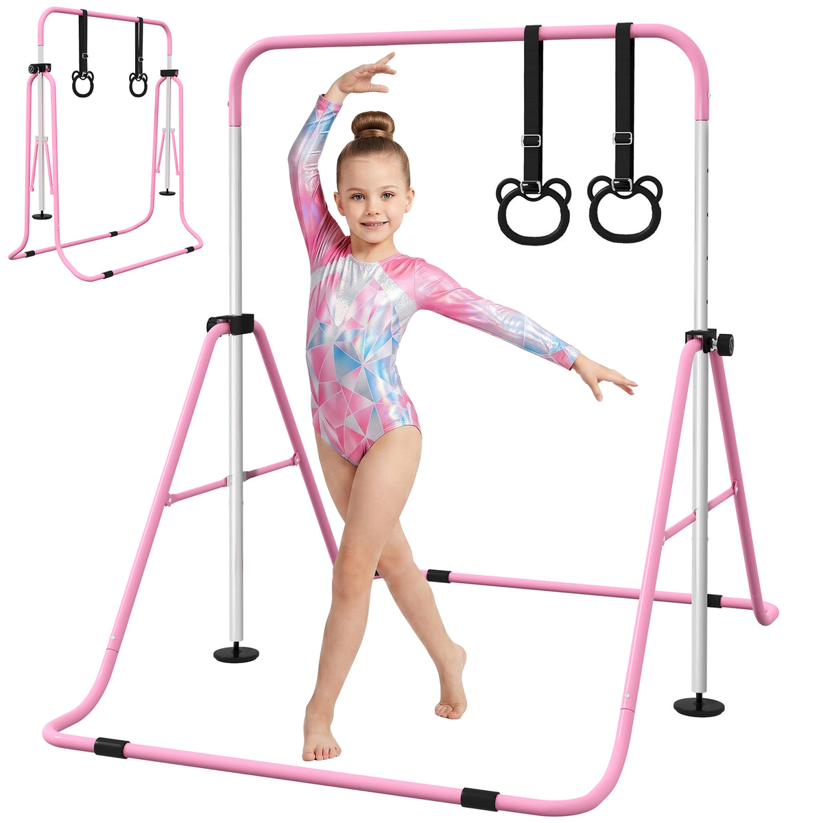 Adjustable Height, Foldable Kids Gymnastics Bar w/ Non-slip Rubber Floor Rings, for 3+ Years, Pink