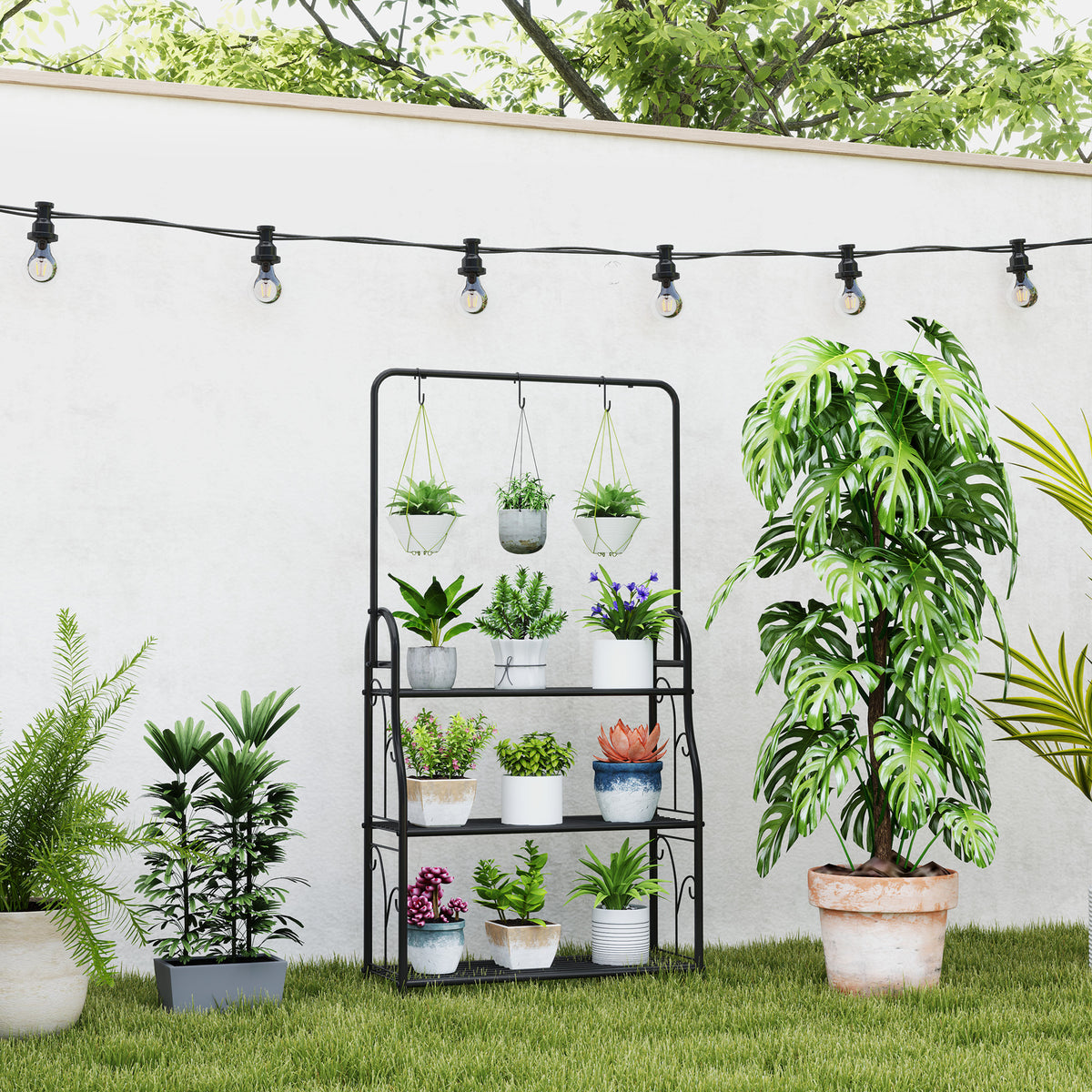 Blumenregal, 3-stufiges Pflanzenregal mit H?ngehaken, Metallregal f¨¹r Blument?pfe, Indoor- und Outdoor-tauglich, Schwarz