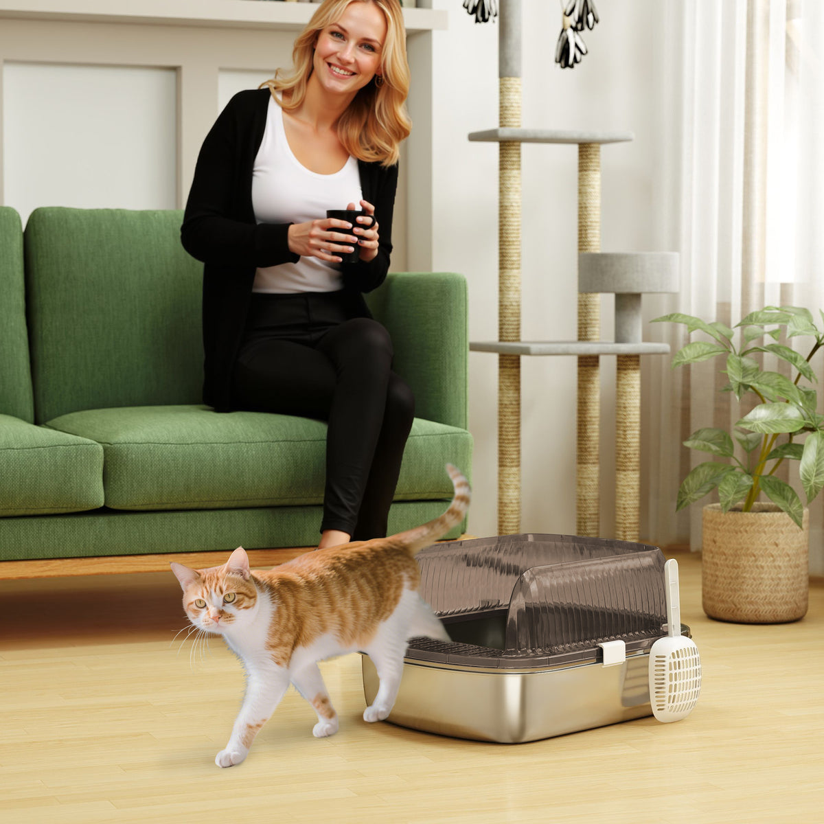 Katzenklo Edelstahl, Katzentoilette mit hohem Rand, Wanne, inklusive Schaufel, für große Katzen, 53x42x27cm, Kohlegrau