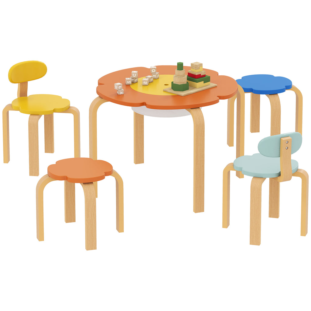5-teiliges Kindertisch- und Stuhl-Set, mit Aufbewahrungstasche, Blumenform, für Spielzimmer, Kinderzimmer, Holz, Bunt