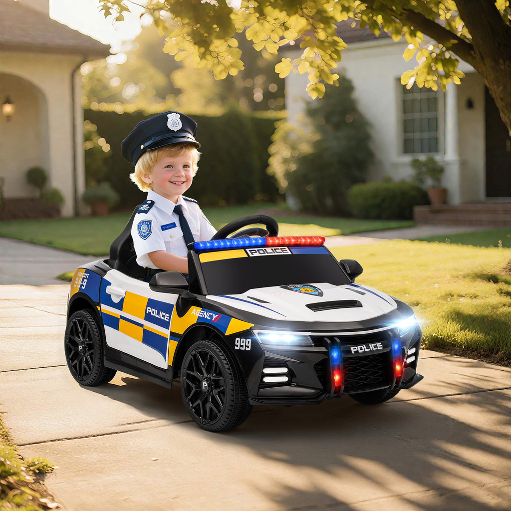 12V Kinder Elektroauto Polizei Polizeiauto mit Fernbedienung Sirene Warnlicht Musik & Hupe Doppelmotoren Federung Weiß