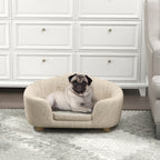 Haustiersofa Hundematte Hundebett Hundesofa Hundecouch Katzen Sofa mit Kissen Rückentasche Plüsch Schaumstoff Kiefernholz Cremeweiß 70 x 47 x 30 cm