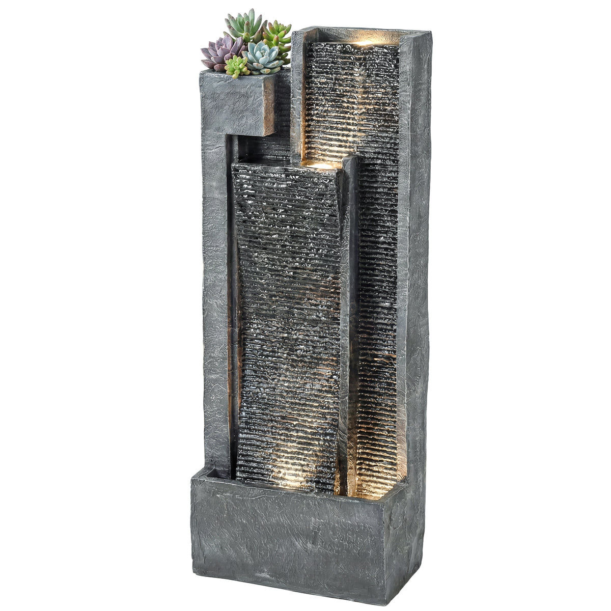 Springbrunnen 3-stufig Gartenbrunnen mit LED Beleuchtung Pflanzkübel Pumpe Steinoptik, Verstellbar 38 x 19 x 101 cm