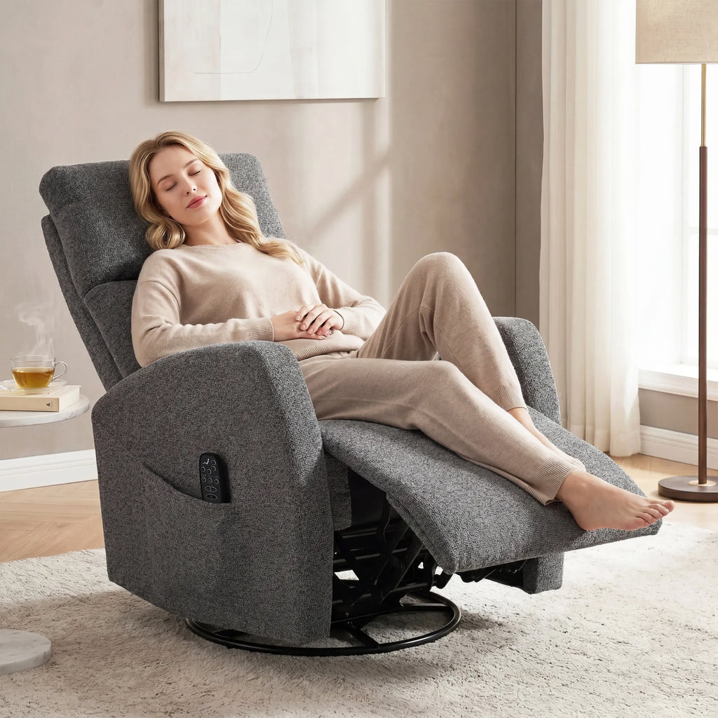 Relaxsessel Drehbarer Fernsehsessel mit Wärme und Vibrationsmassage, Liegefunktion, Wippfunktion Dunkelgrau