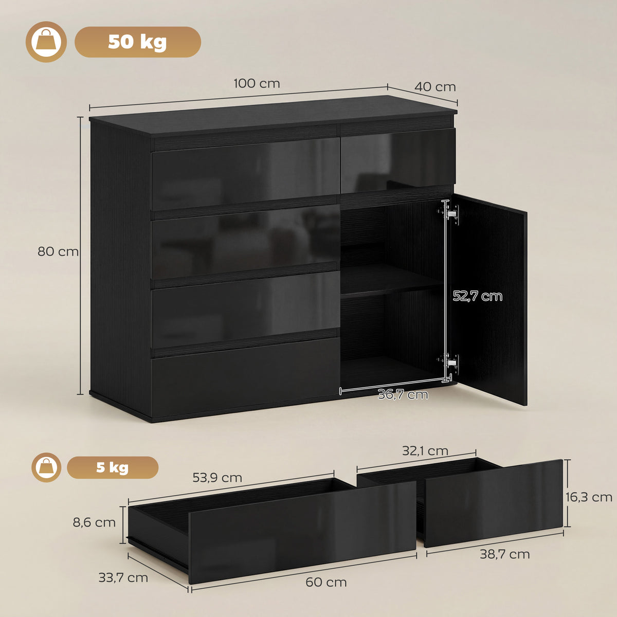 Modernes Sideboard, Stauraum-Sideboard mit 5 Schubladen, verstellbarem Regal, Soft-Close-Tür, Schwarz Hochglanz