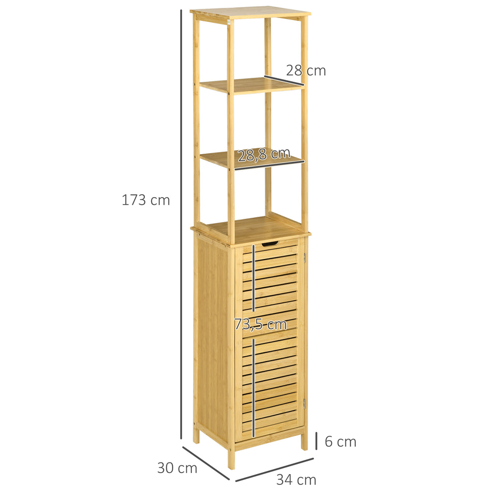 Tall Bathroom Cabinet, Slim Storage Cabinet, Tallboy Bamboo Storage Unit with 3-Tier Storage Shelves and Freestanding Organiser, Natural