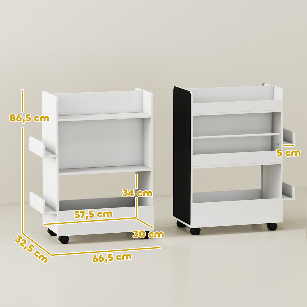 Kinder Bücherregal mit 4 Regalen, Bodenfach, 2 Seitenteile, Tafel, Rollen, für 3–8 Jahre, 66,5x32,5x86,5 cm Weiß