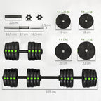 Adjustable Weight Barbell & Dumbbells Set Free Weights Strength Muscle Exercise Home Gym Training, Black and Green