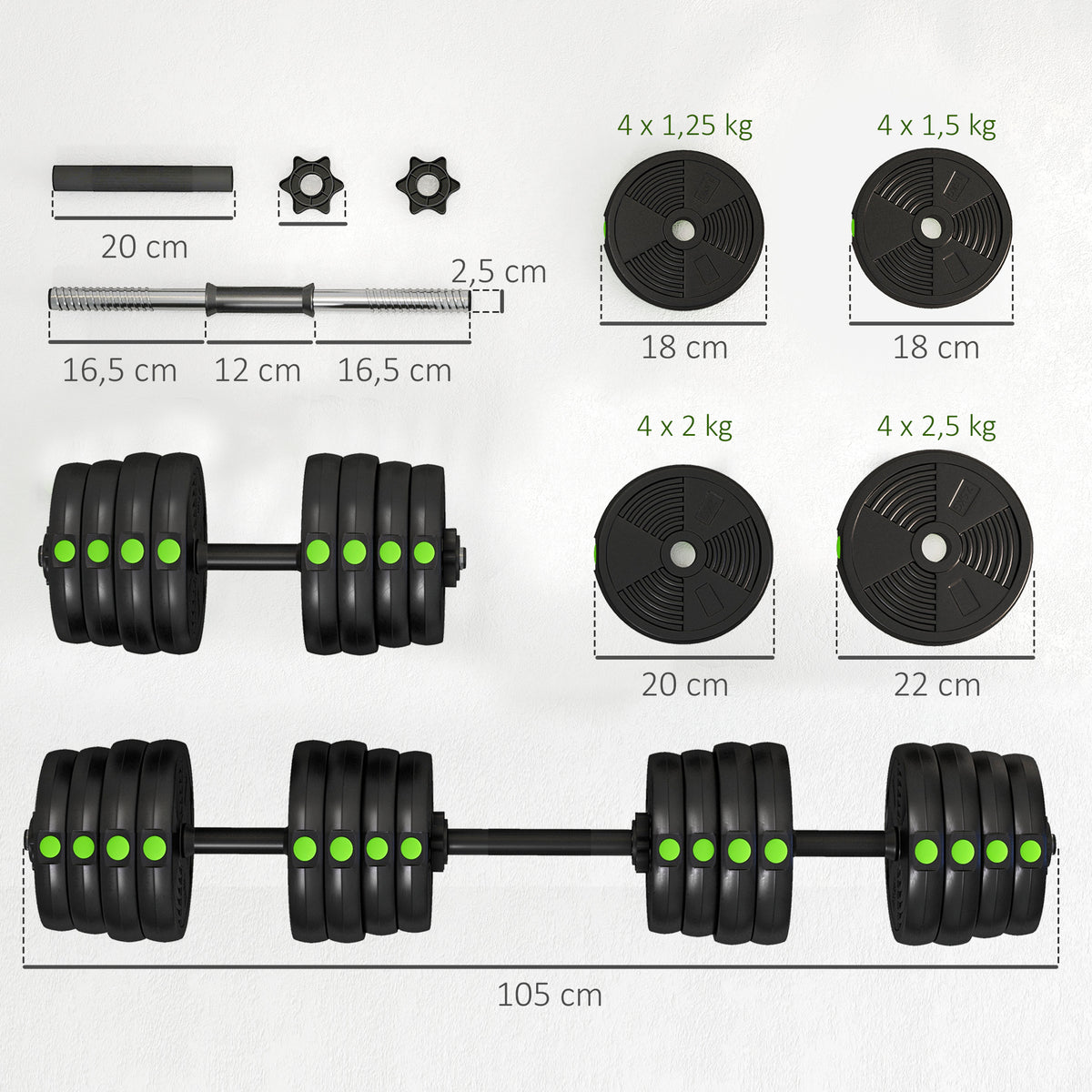 Adjustable Weight Barbell & Dumbbells Set Free Weights Strength Muscle Exercise Home Gym Training, Black and Green