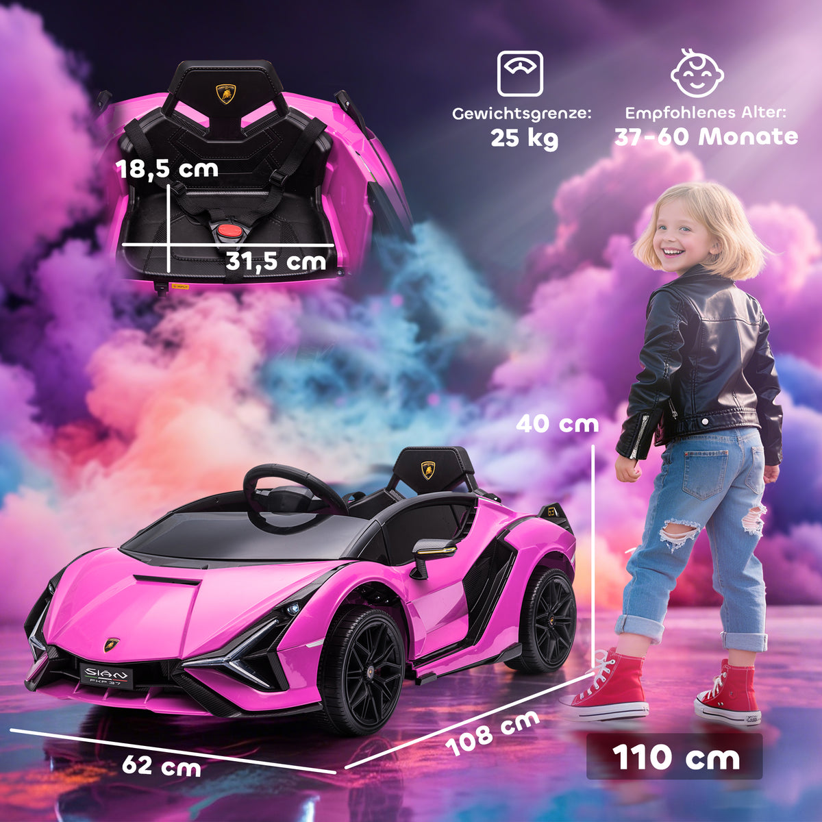 Kinder-Elektroauto, Lamborghini, 3-5 km/h, Fernsteuerung, für 3-5 Jahre, Rosa