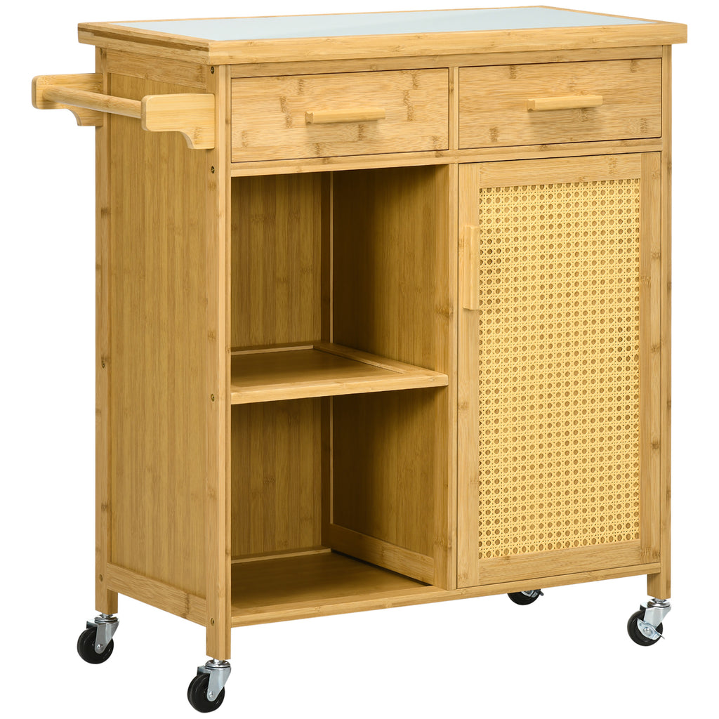 K¨¹chenwagen aus Bambus, Mehrzweckwagen, Sevierwagen, 2 Schubladen, 1 Schrank,  2 Regale, Natur