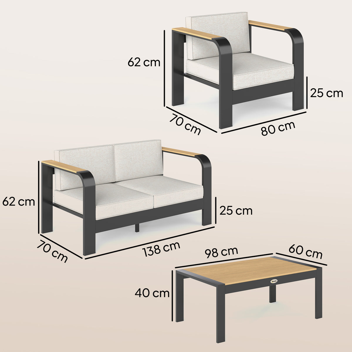 Gartenmöbel Set Aluminium Sitzgruppe für 4 Personen Wasserabweisend extra tiefe mit 2er Sofa 2 Sessel Beistelltisch