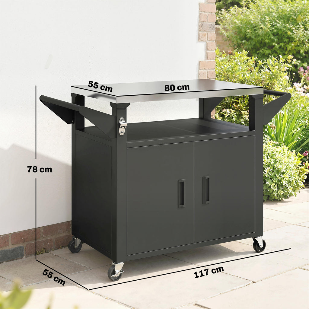 Küchenwagen mit Rollen, Servierwagen, Rollwagen mit Schrank, Griffe, Edelstahloberfläche 117 x 55 x 78 cm Schwarz