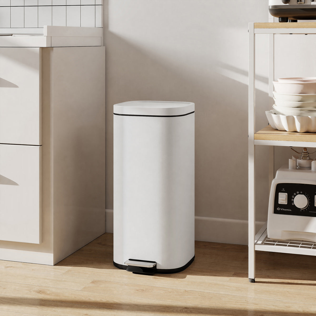 30L Kitchen Bin, Compact Pedal Bin with Soft-Close and Stay-Open Lid, Removable Bucket for Kitchen, Home, Office, Cream