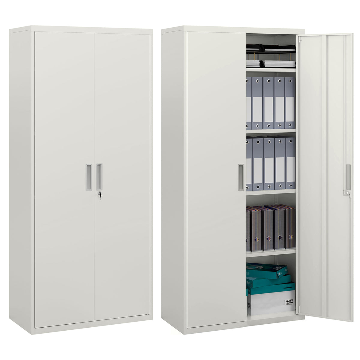 Five Shelf Lockable Steel Office Cabinet - White