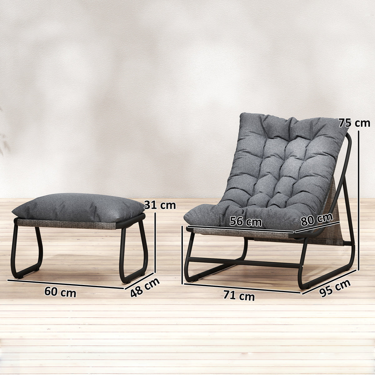 Loungesessel Outdoor Balkonsessel mit Hocker 13 cm dicker Auflage rutschfesten Füßen Dunkelgrau