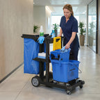 Reinigungskarre, Rollender Putzwagen mit 3 Ablagen, 70-Liter-Müllsack, Mop-Wringer-Eimer, Blau