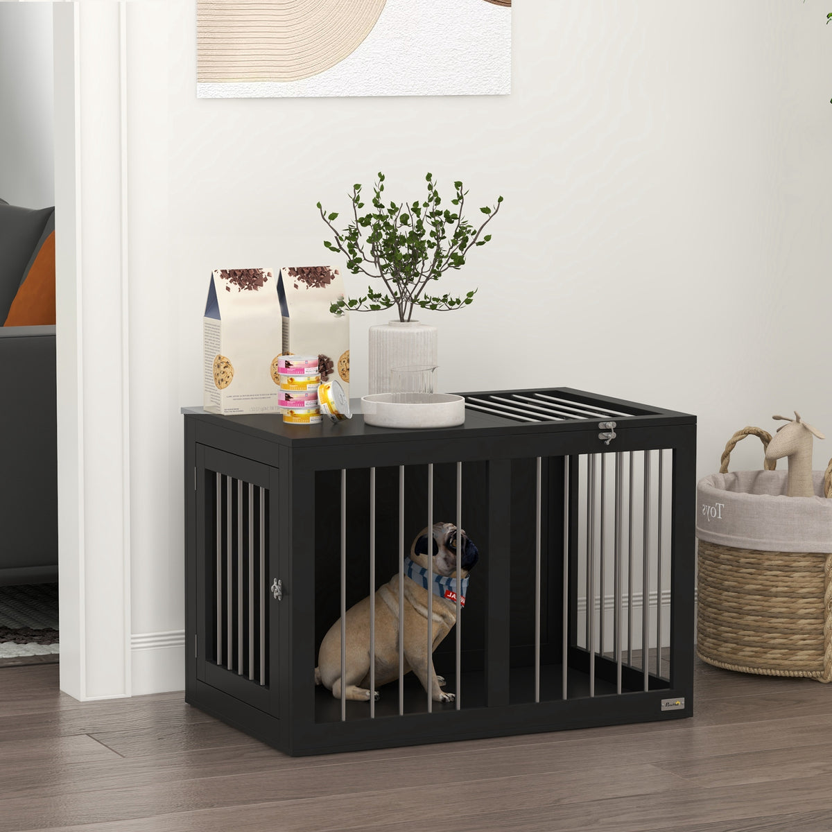 Hundekäfig Hundebox Hundetransportbox, 2 Türen, verriegelbar, Stahlgitter, 80 cm x 50 cm x 56,5 cm, Schwarz
