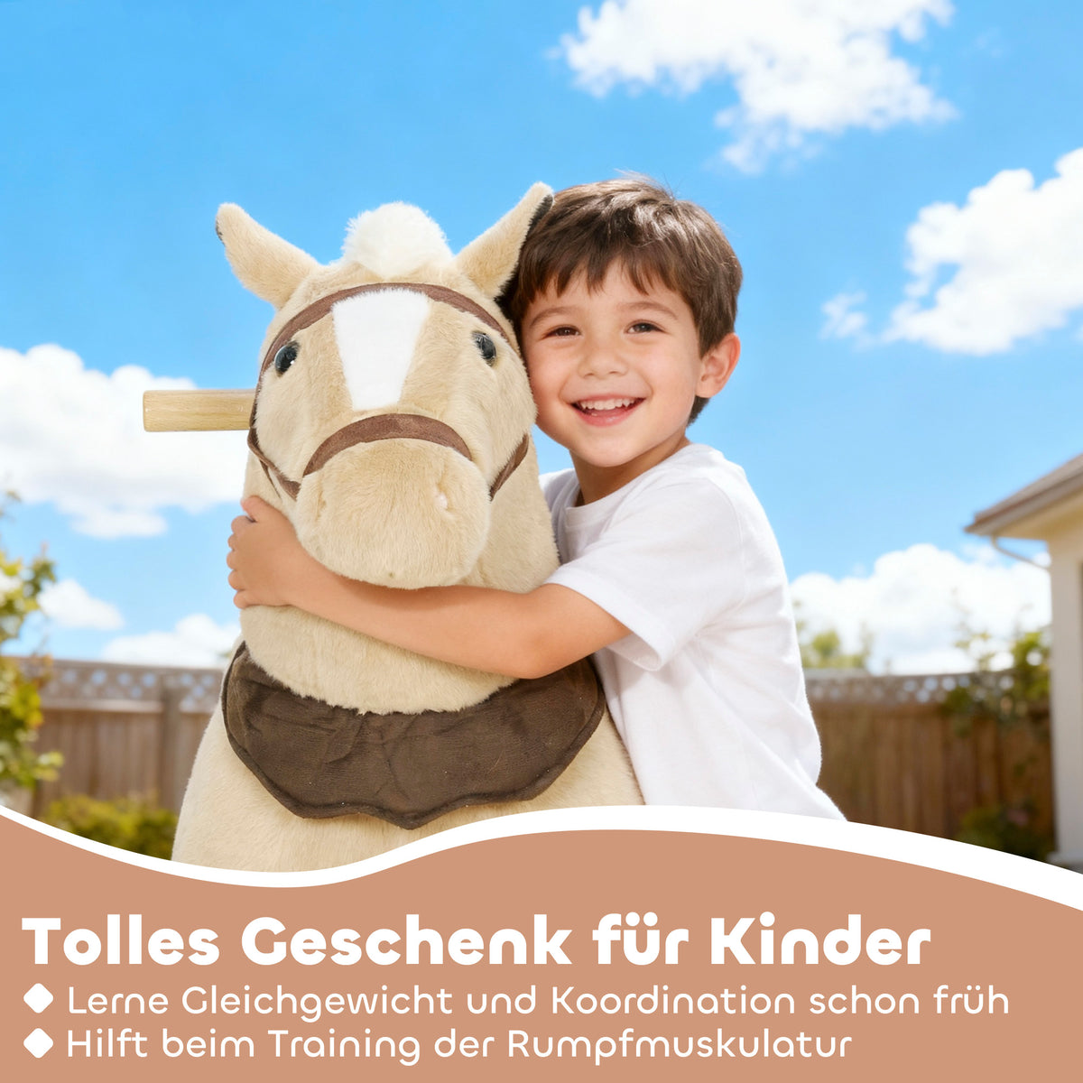 Reitpferd mit Sattel Rollen für Kinder 3-5 Jahre 80 cm Braun