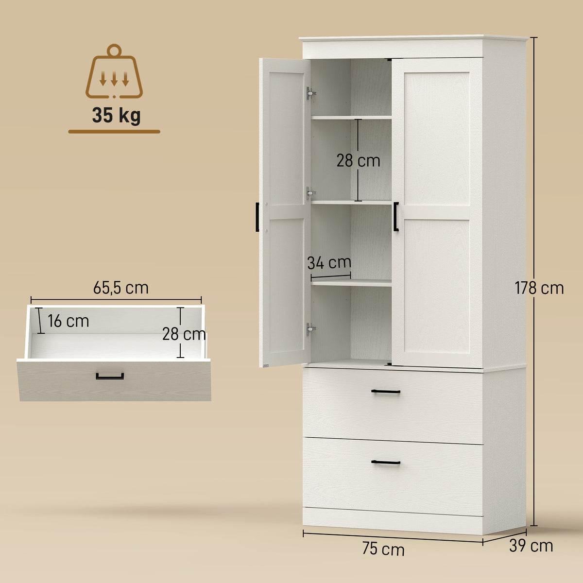 Küchenschrank, Hochschrank 2 Schubladen 75x39x178 cm Cremeweiß