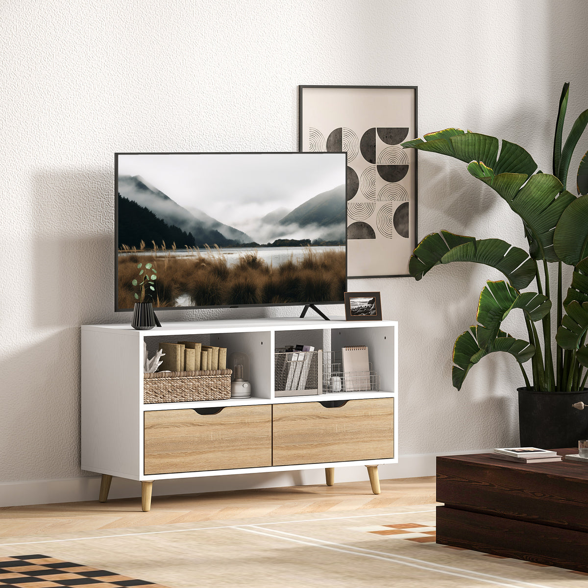 TV-Schrank, TV-Kommode mit Schubladen, Offene Regale, Holz, 99 x 39 x 58 cm, Wei?