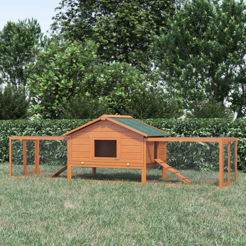 Wooden Rabbit Hutch with Run, Tray, Ramps, Asphalt Roof, 309 x 70 x 87cm, Orange