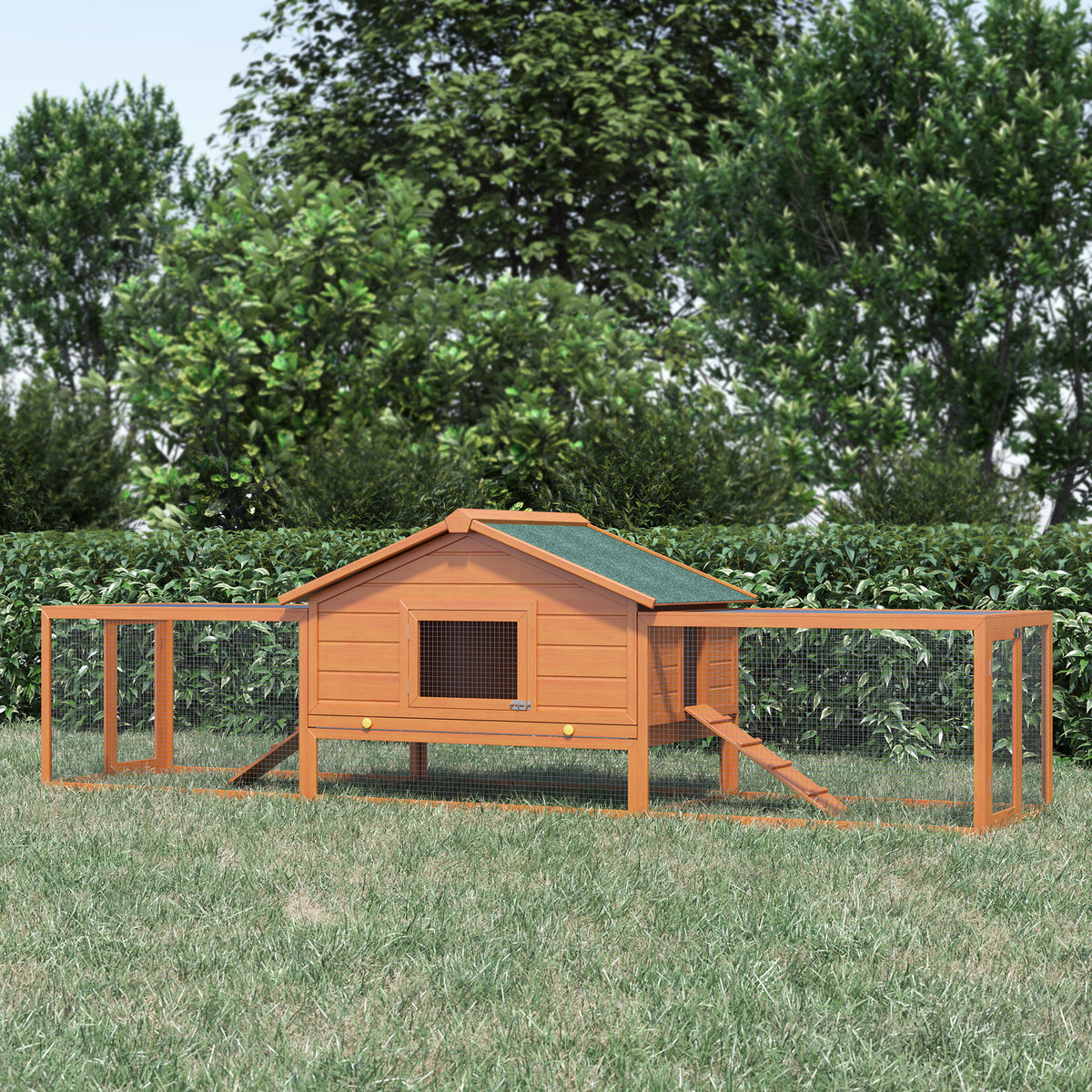 Wooden Rabbit Hutch with Run, Tray, Ramps, Asphalt Roof, 309 x 70 x 87cm, Orange