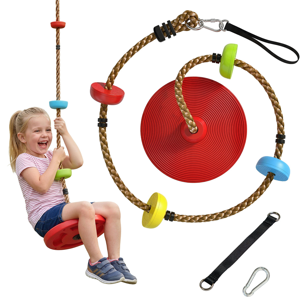 Climbing Rope, Kids Tree Swing Kit with Platforms and Disc Swings Seat, Obstacle Course Kids for Garden, Red