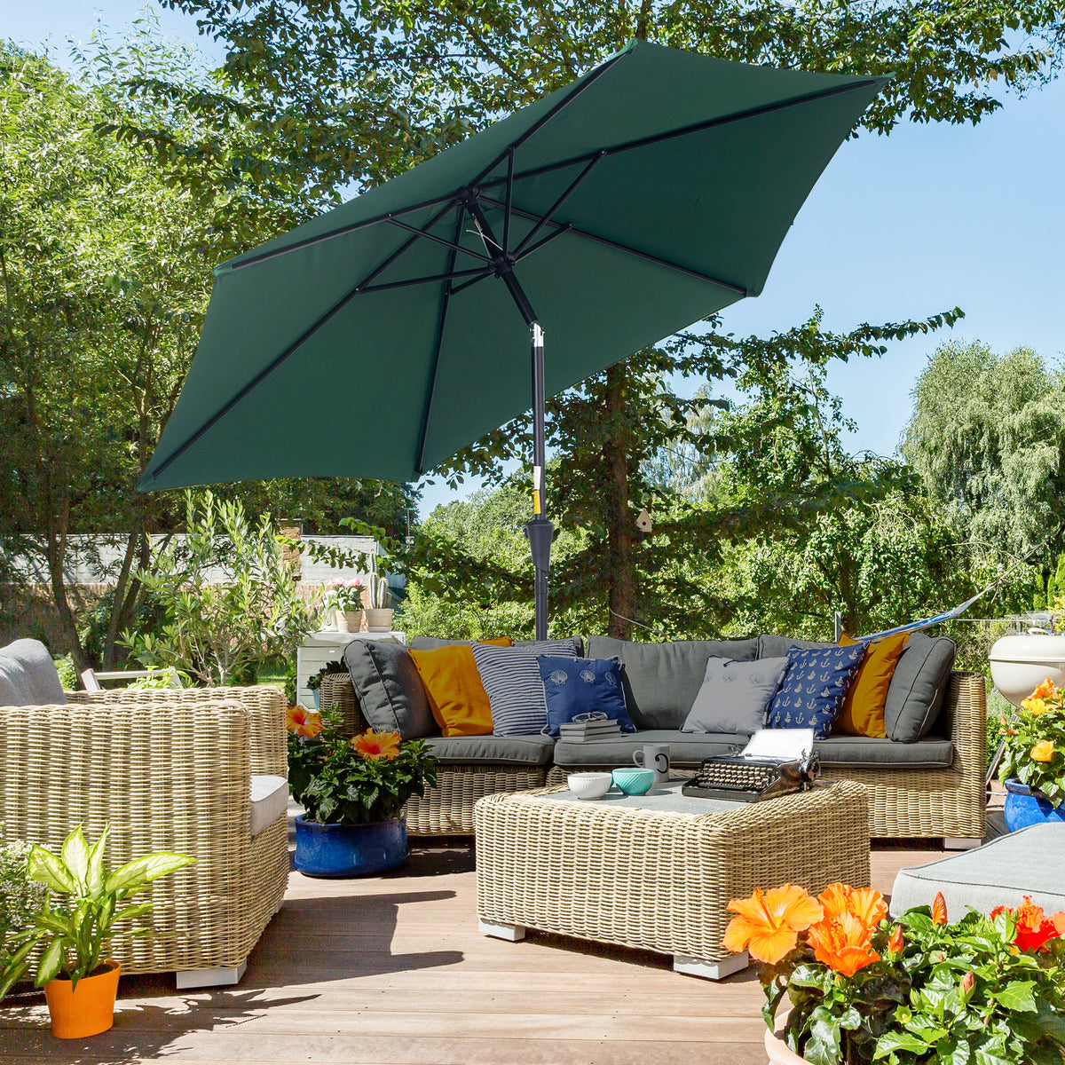  Knickschirm Sonnenschirm Gartenschirm Marktschirm mit Handkurbel Alu 180/㎡ Polyester Dunkelgrün ∅2,6 x 2,35 m