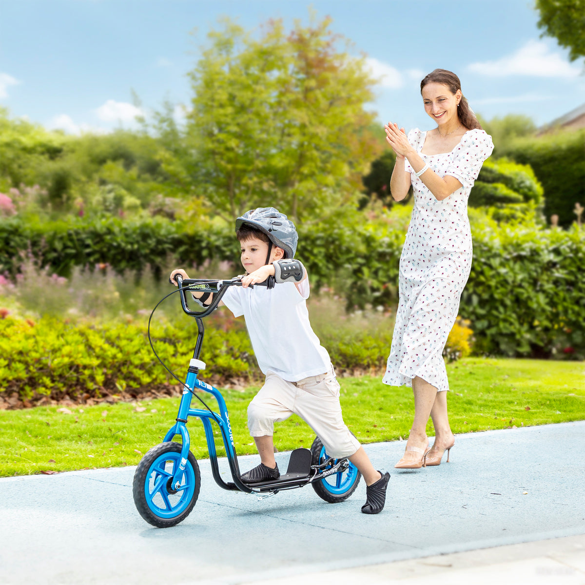 Kinderroller mit verstellbarem Lenker, große Räder, Parkständer, Handbremse, für Kinder im Alter von 5-12 Jahren, Blau