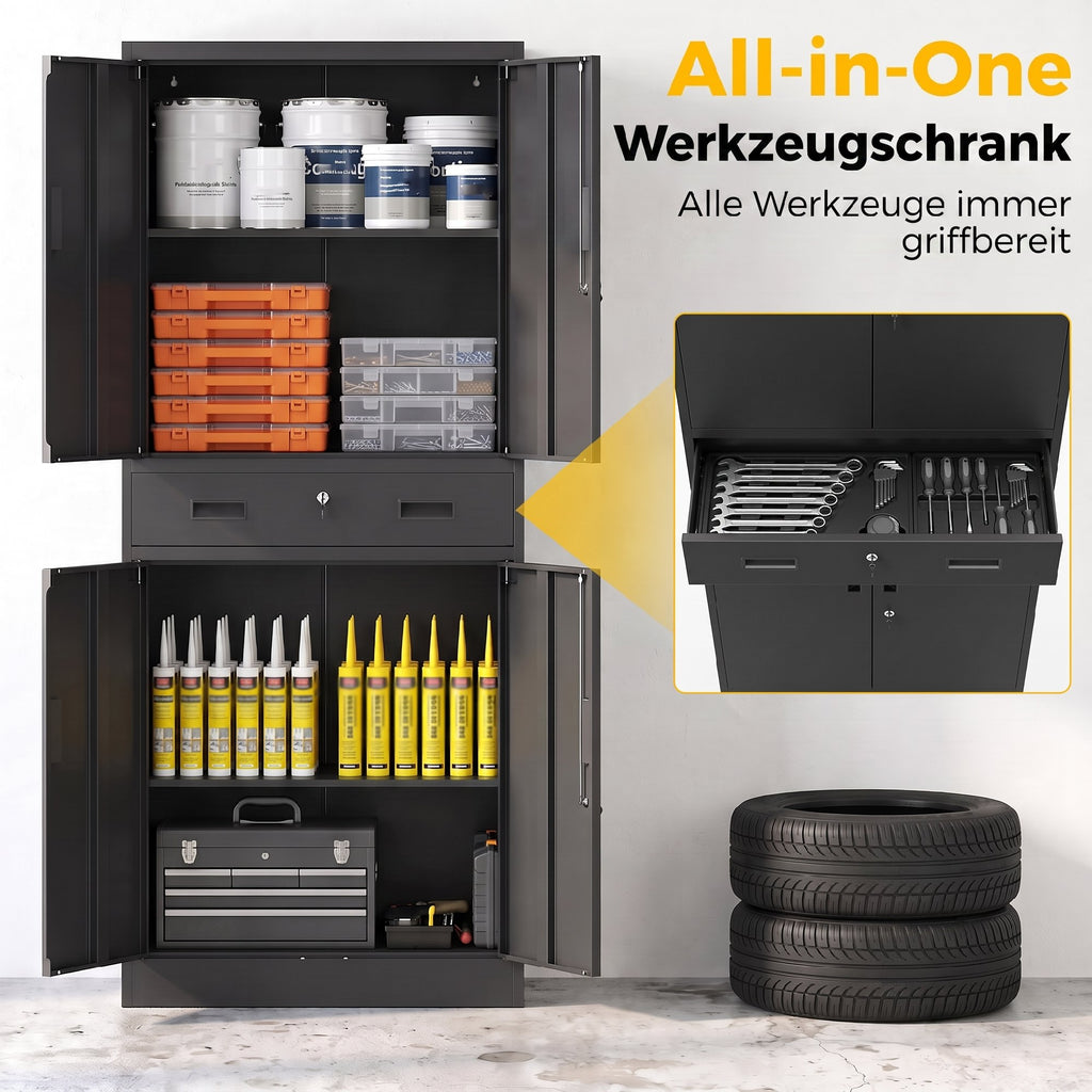 Metal Storage Cabinet, 180cm Tall Tool Cabinet with Locking Doors, Drawer and Adjustable Shelves, Black