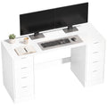 Schreibtisch 140 cm mit 8 Schubladen, moderner Bürotisch mit Stauraum, weiße Holzoptik