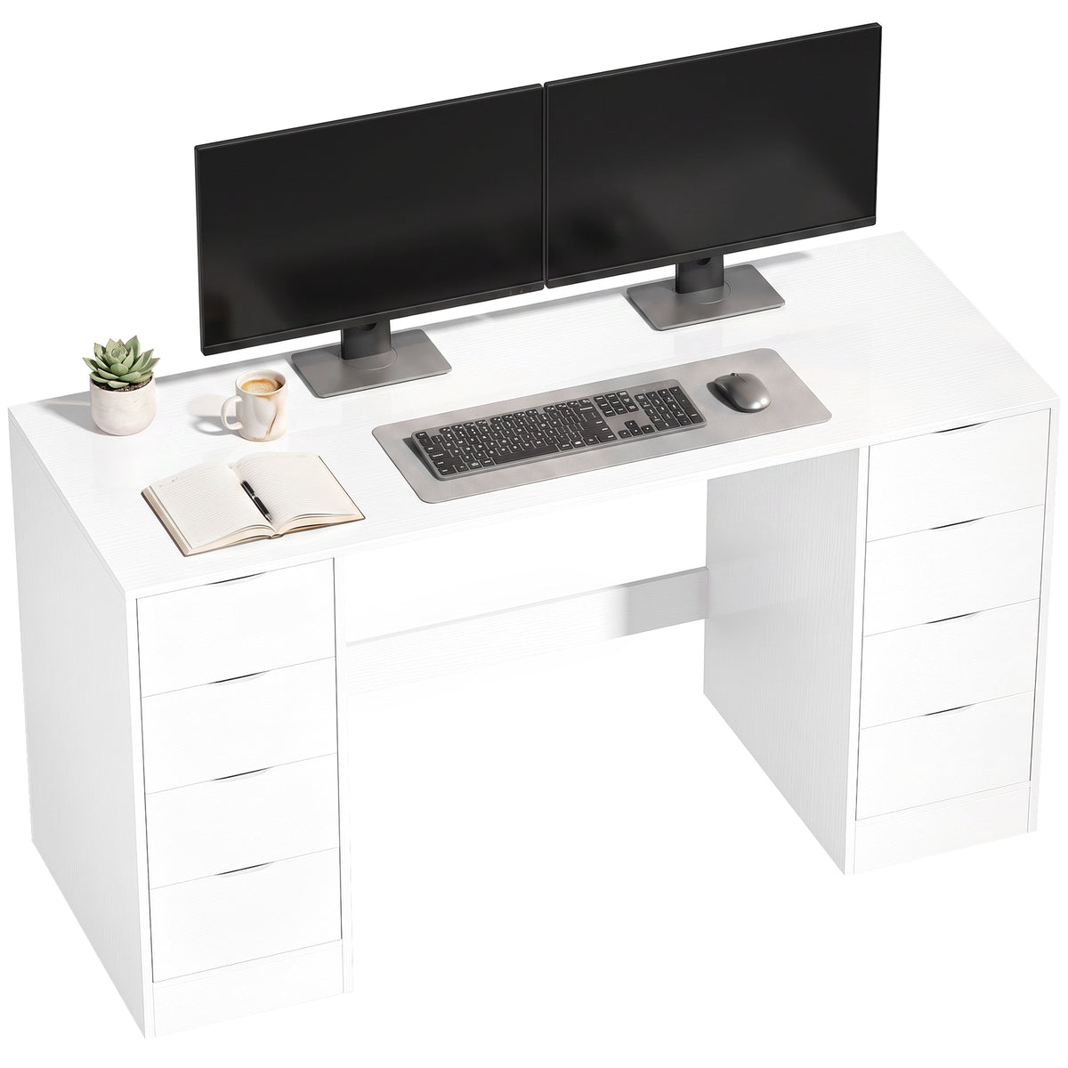 Schreibtisch 140 cm mit 8 Schubladen, moderner Bürotisch mit Stauraum, weiße Holzoptik