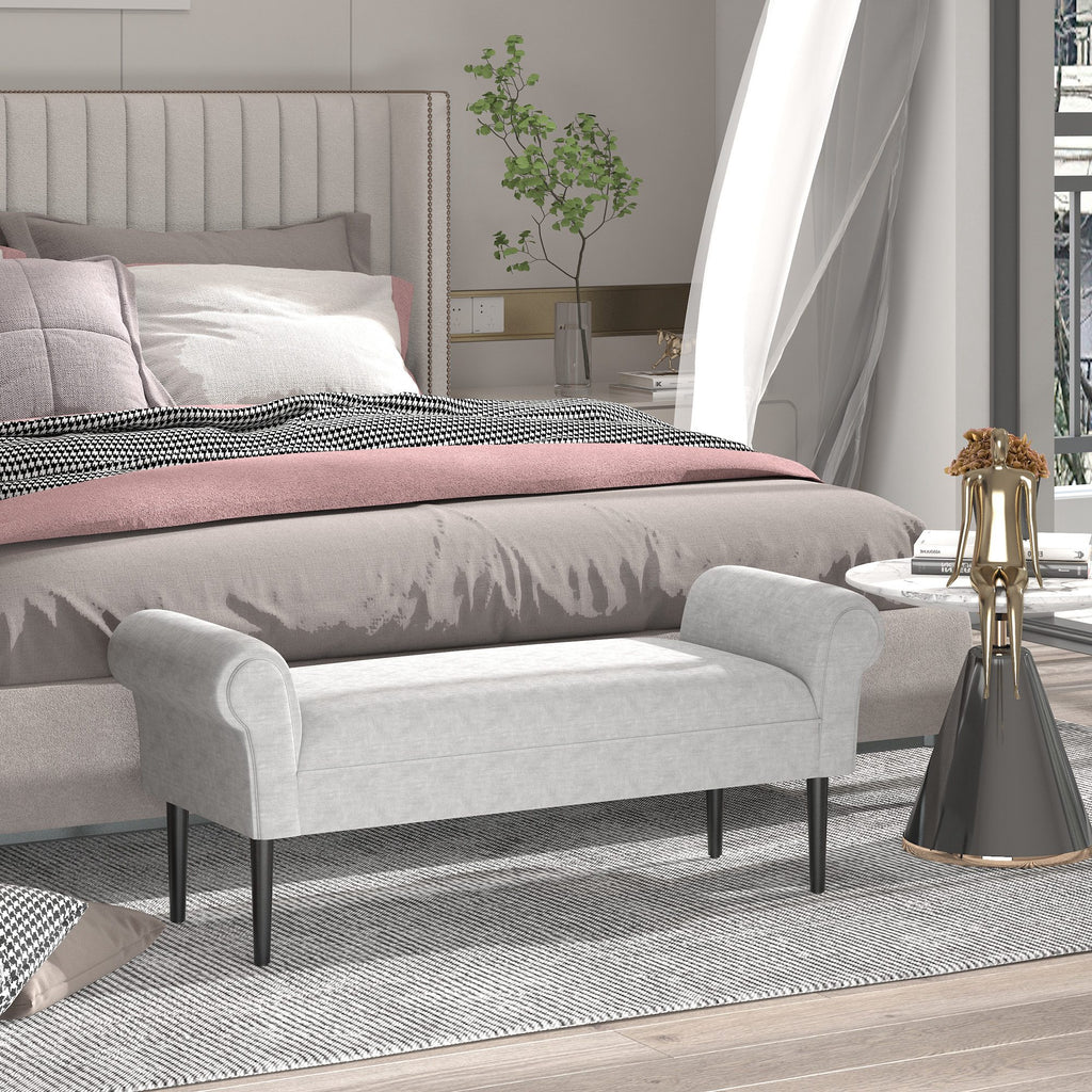  Bed End Bench, Window Seat, Linen Chaise Lounge Sofa with Arm and Wooden Legs for Bedroom, Living Room, Grey