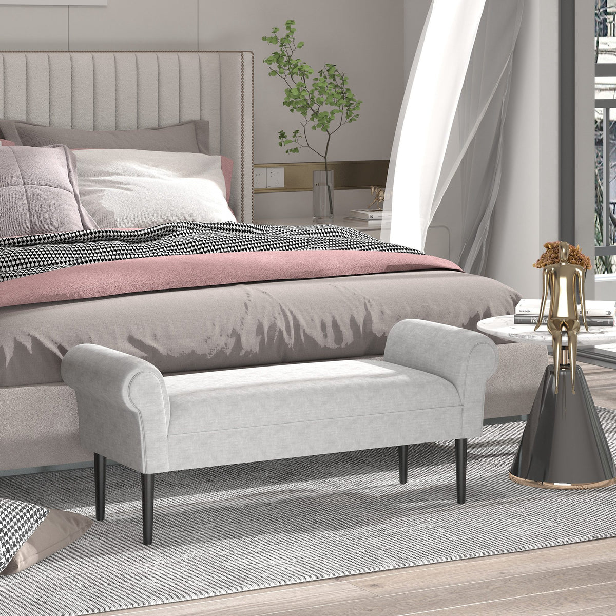  Bed End Bench, Window Seat, Linen Chaise Lounge Sofa with Arm and Wooden Legs for Bedroom, Living Room, Grey