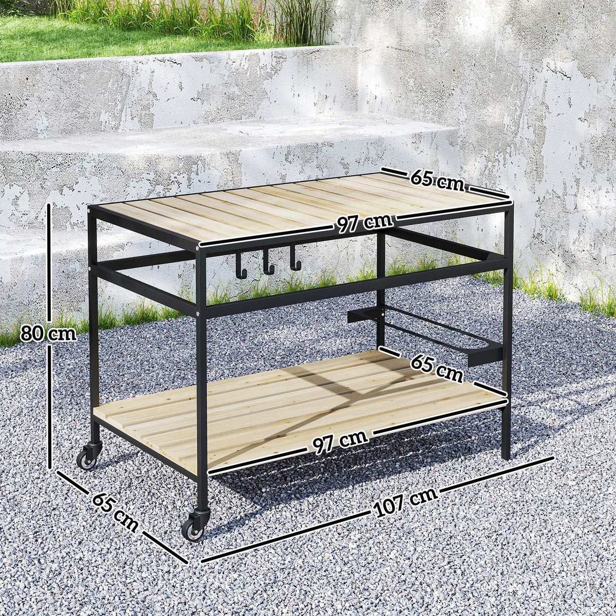 Servierwagen im Industrie-Design, wetterbest?ndig, 3 Haken, 1 Regal,107 cm x 65 cm x 80 cm, Schwarz +Natur