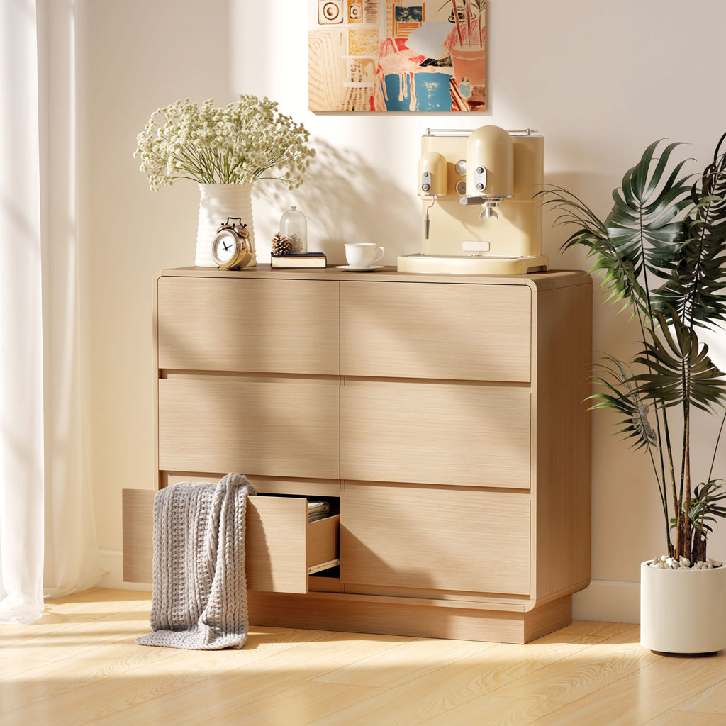 100 cm Sideboard, Buffetschrank mit 6 Schubladen, Kommode für Küche, Wohnzimmer, Esszimmer, Naturholz