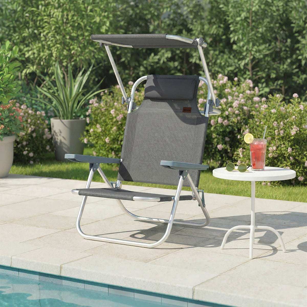 Sonnenliege klappbar Gartenliege mit Kopfkissen verstellbarem Dach 6-Fach verstellbare Rückenlehne 62 x 68 x 79 cm Dunkelgrau