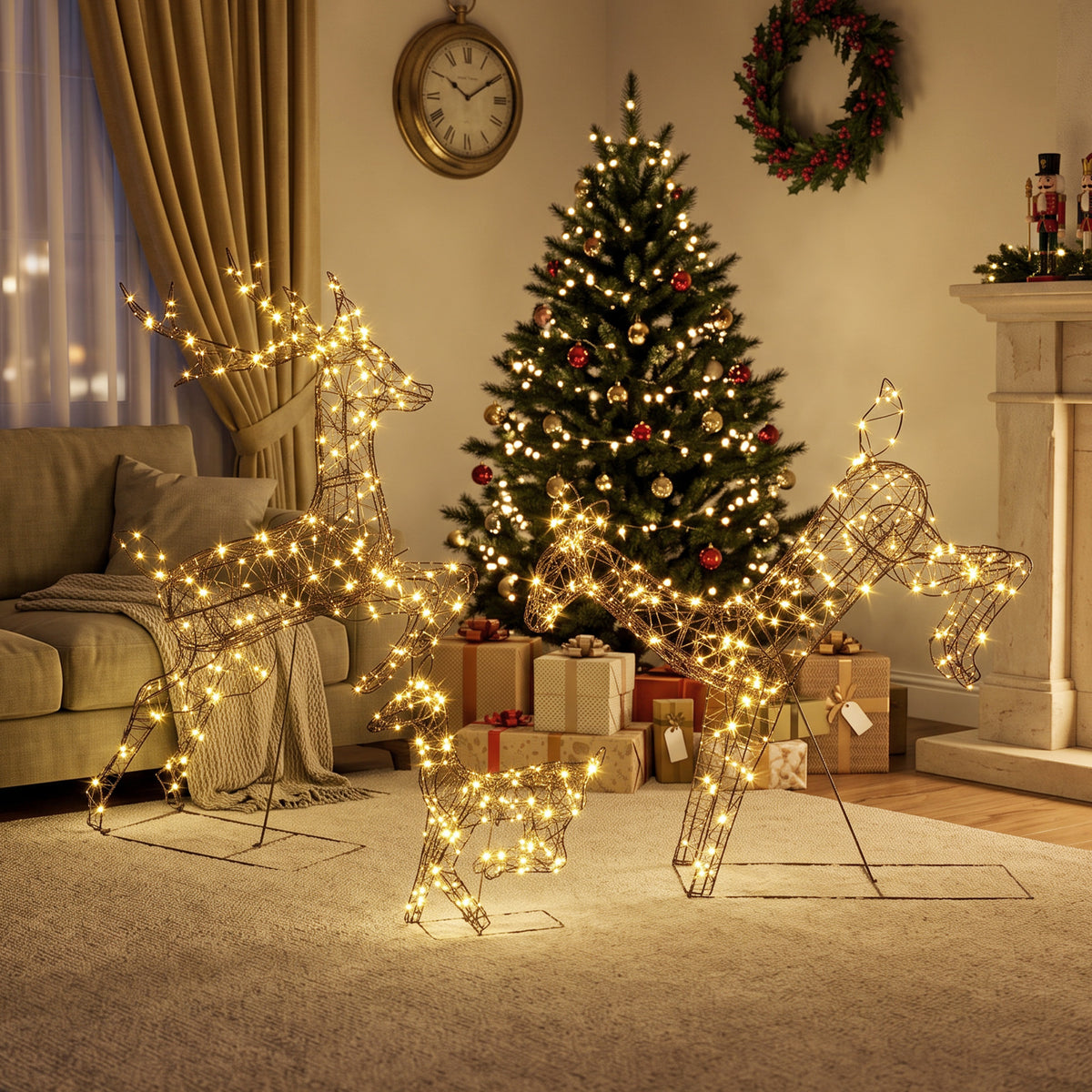 3-teiliges beleuchtetes Rentier-Set, Weihnachtsdeko für außen mit 200 warmweißen LEDs, 8 Modi, Tages-Timer