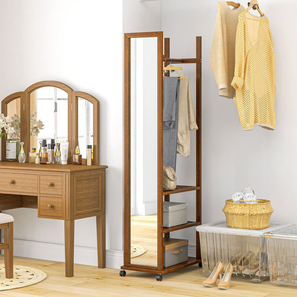 2-in-1-Spiegel Spiegel Ganzk?rperspiegel Garderobe, 1 Kleiderstange, 3 Regale, 35,8 x 59,8 x 170 cm, Natur
