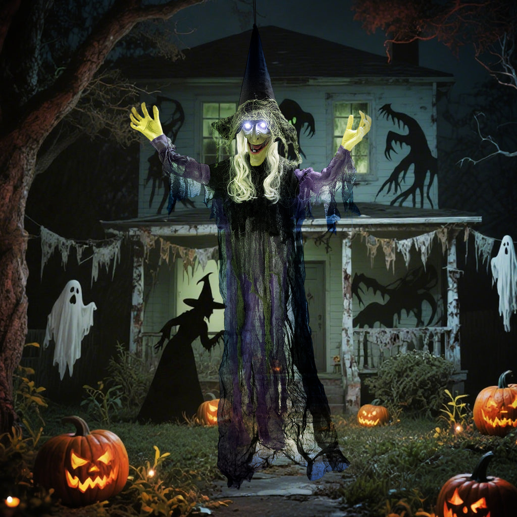 183 cm Life Size Halloween Animated Hanging Witch with Glowing LED Eyes, Spooky Witch Scary Halloween Decorations, Battery Operated, Indoor Party Props