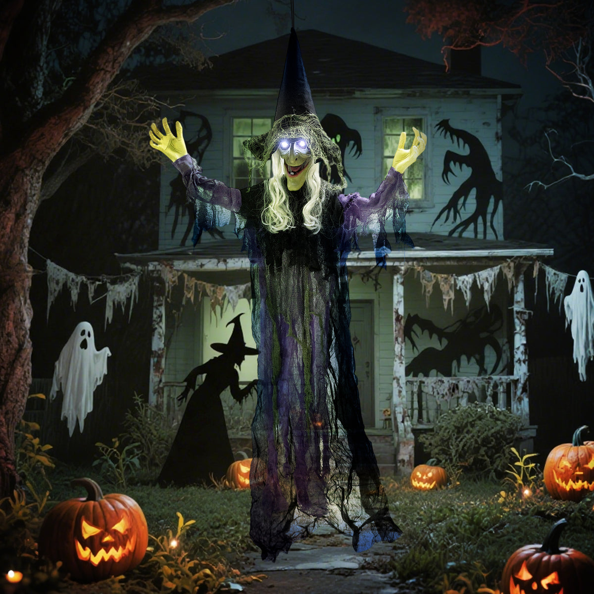 183 cm Life Size Halloween Animated Hanging Witch with Glowing LED Eyes, Spooky Witch Scary Halloween Decorations, Battery Operated, Indoor Party Props
