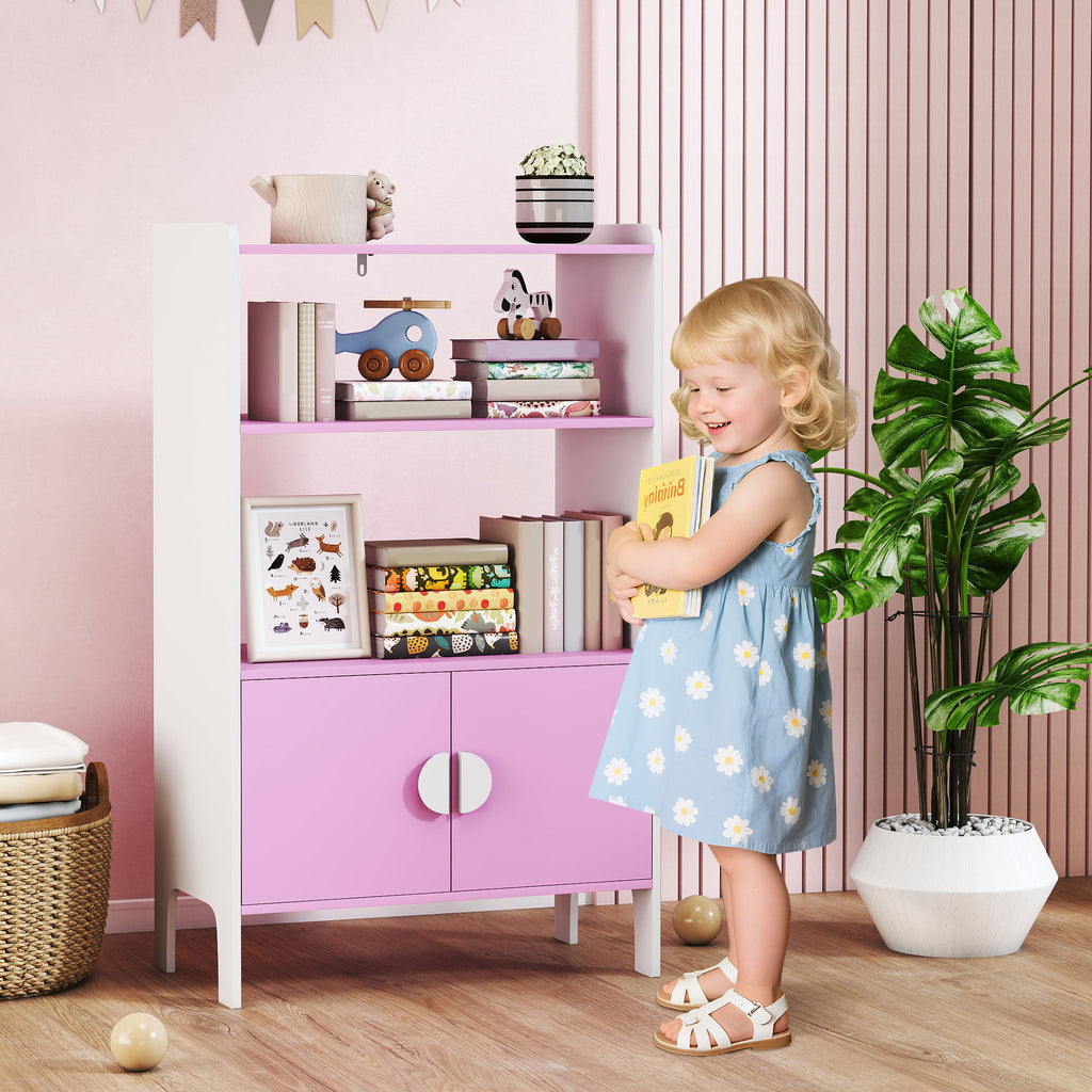 Bücherregal für Kinder, 2 Regale, 2 Schränke, freistehend, Anti-Kipp-Design, rutschfeste Füße, MDF, Rosa+Weiß