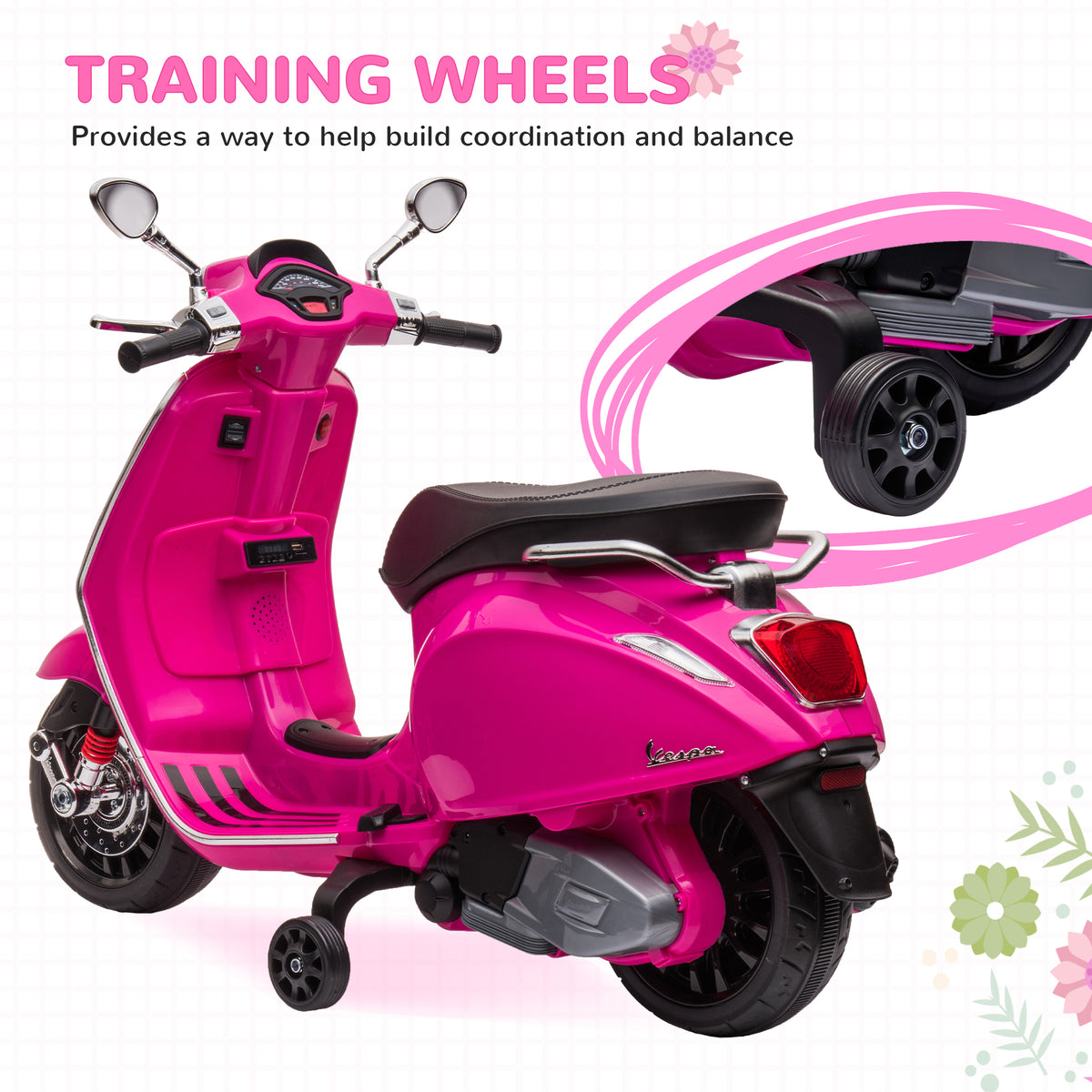 Elektro-Kindermotorrad, Vespa, 3 km/h, 3-6 Jahre, Musik, Licht & Radio, Rosa