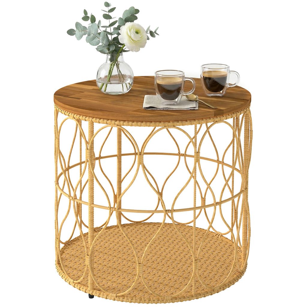 Beistelltisch Ø50 cm wetterfest Gartentisch mit Rattanoptik Akazienholzplatte verstellbaren Füßen Teak
