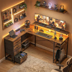 Gaming Tisch L-förmig Schreibtisch mit Stromanschluss LED-Beleuchtung 4 Schubladen Monitorständer 155x110x91,4 cm Braun