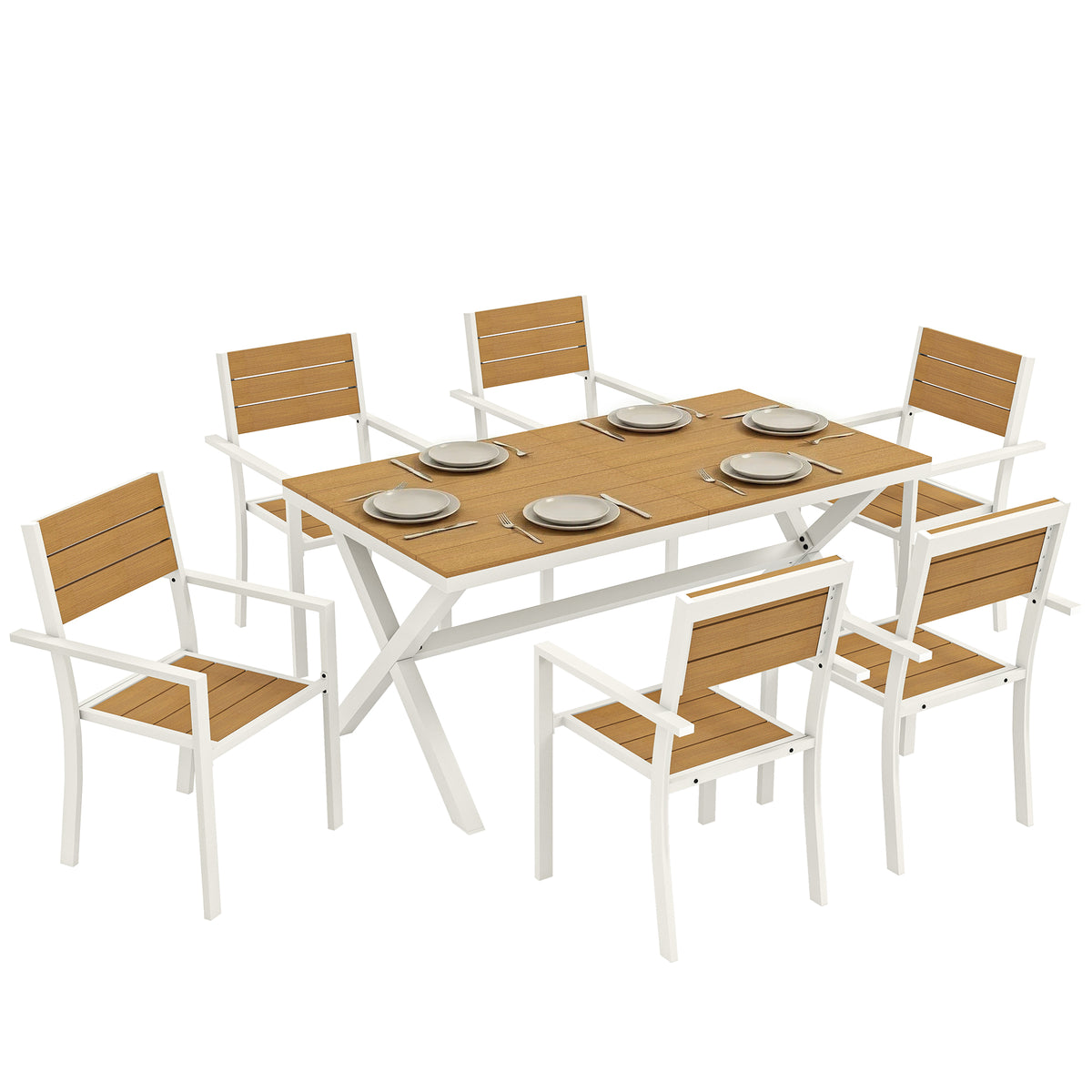 Gartenmöbel Set Sitzgruppe 7-teilig Tisch mit 6 stapelbare Stühlen Holzoptik Aluminiumrahmen Teak