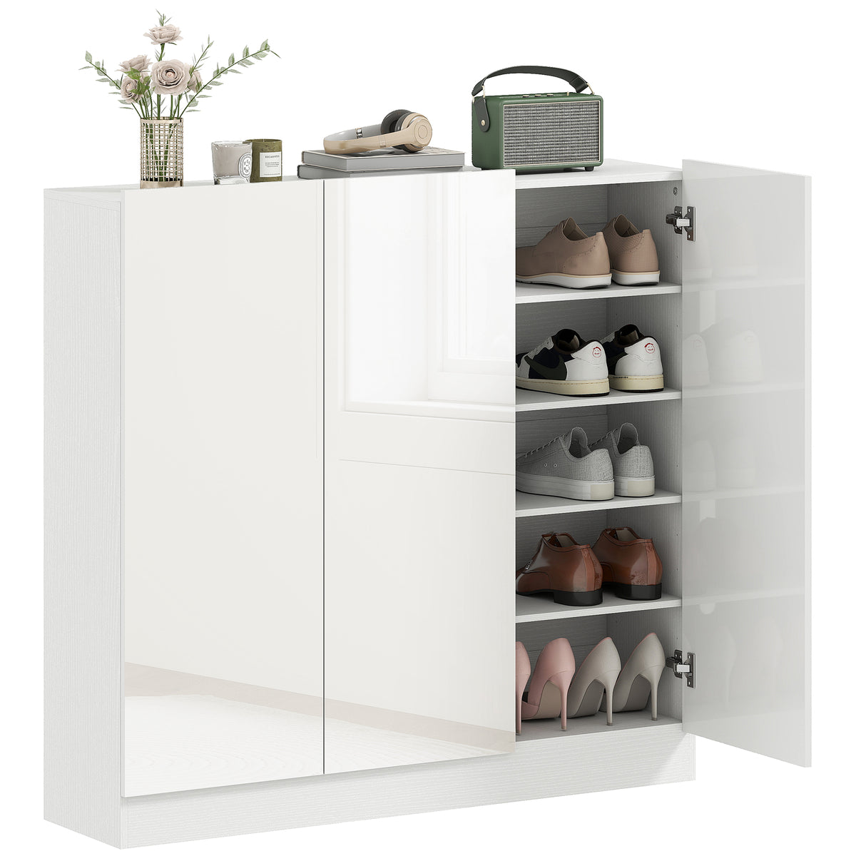 Schuhschrank mit 10 Regalen f¨¹r 25-30 Schuh-Paare, L¨¹ftungsl?cher, Soft-Close-T¨¹ren, Holz, Wei?