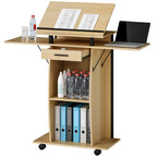 Rolling Podium Stand, Lectern with Folding Side Wings, Laptop Table with Drawer and Shelves, Oak Look