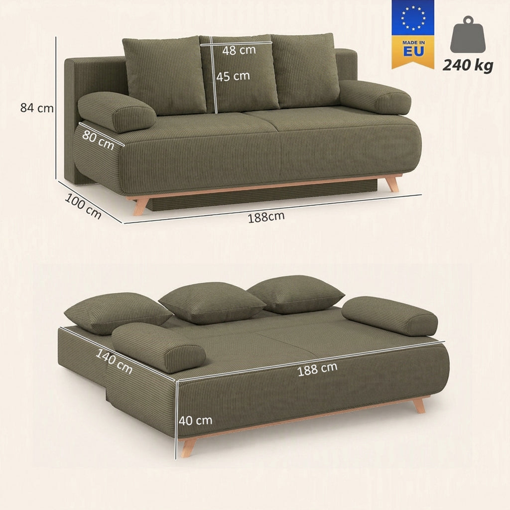 Schlafsofa mit verstellbarer Rückenlehne, Bettfunktion, verstecktem Stauraum und Cordbezug, Dunkelgrün
